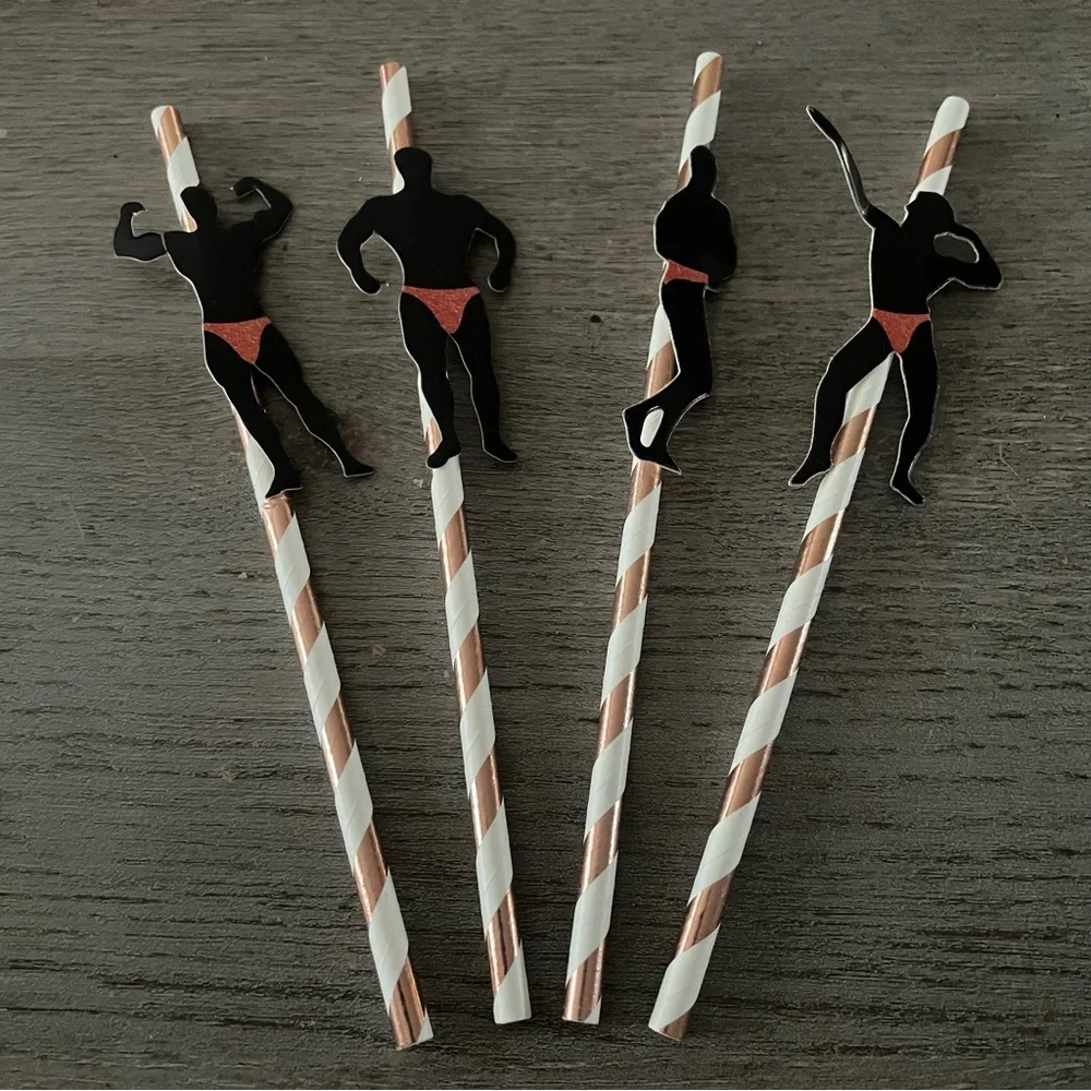 NWT Striped Party Straws with Bodybuilder Cutouts